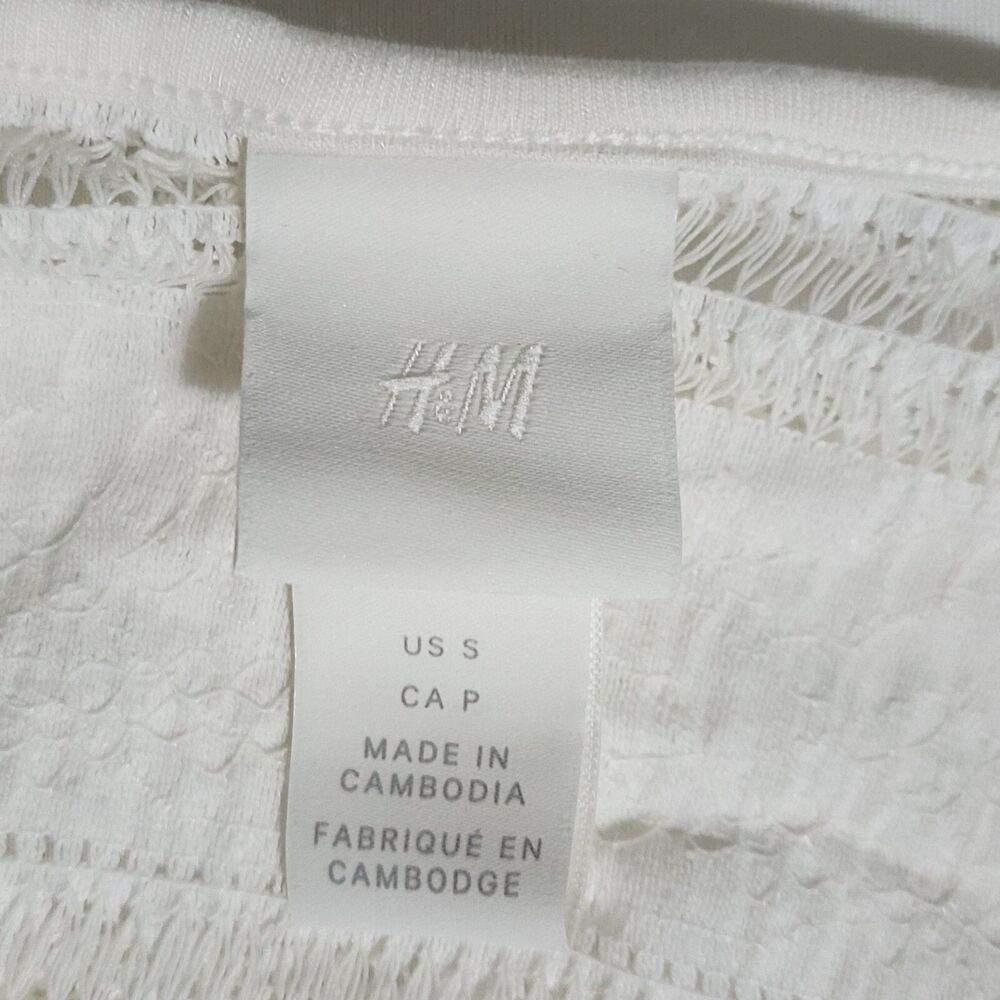 H&M Womens Yoke Lace Ruffle Top Ivory Jersey Short Sleeve Crew Neck Size S - Picture 7 of 11